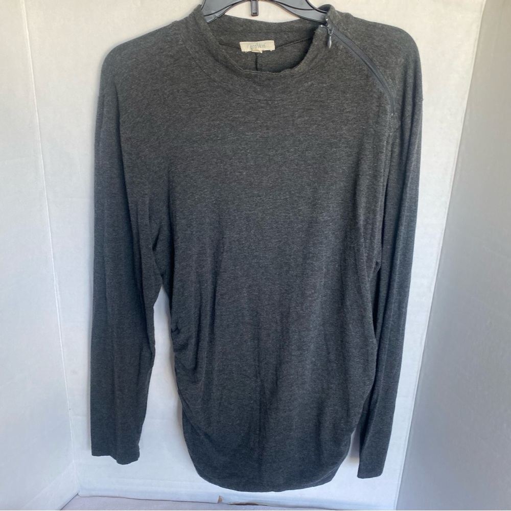 EcoSkin women L Long Sleeve Pullover shirt gray elastic side scrunch Made USA